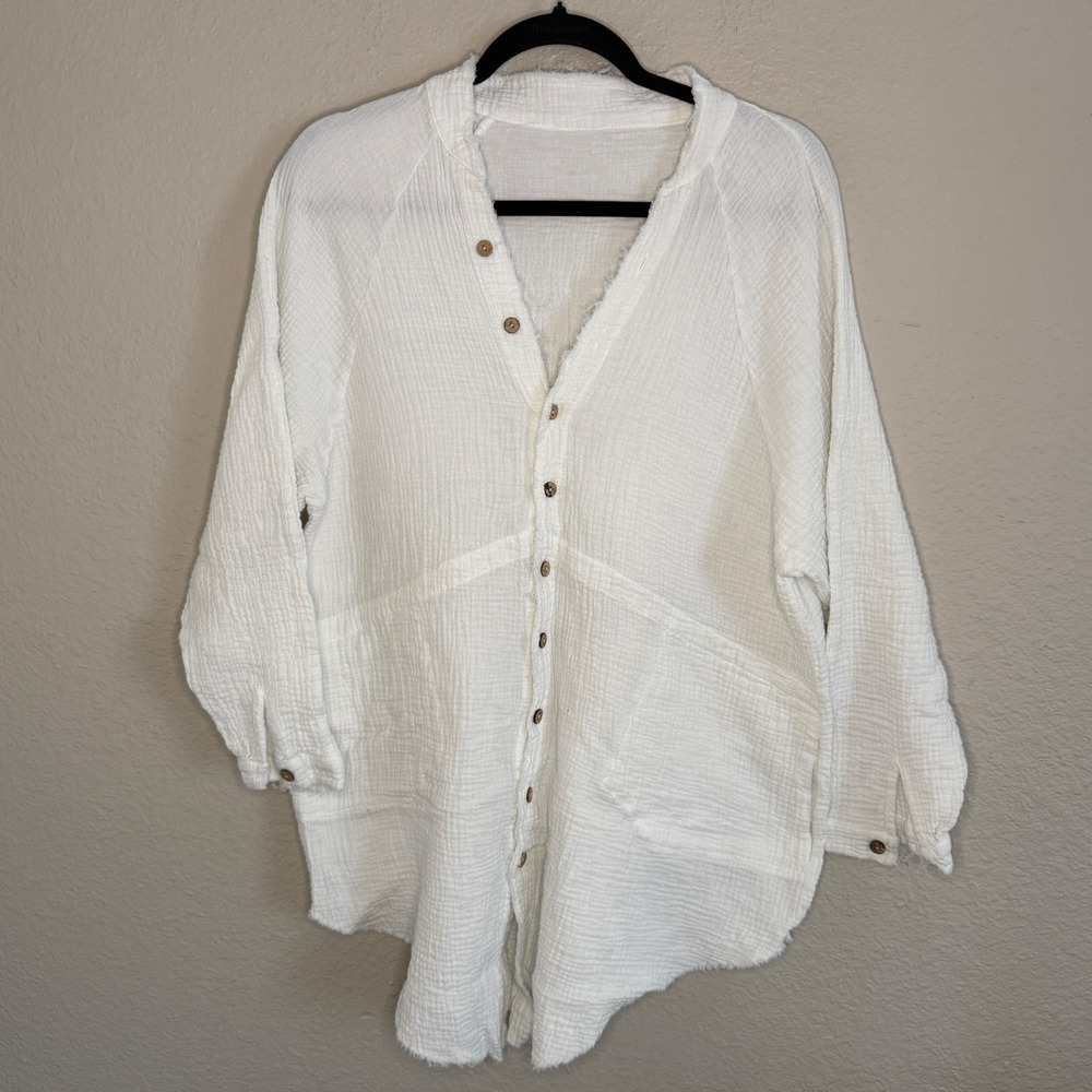 Lagenook Coastal Nautical Oversized White Cotton Gauze Tunic Top Raw Hem Small